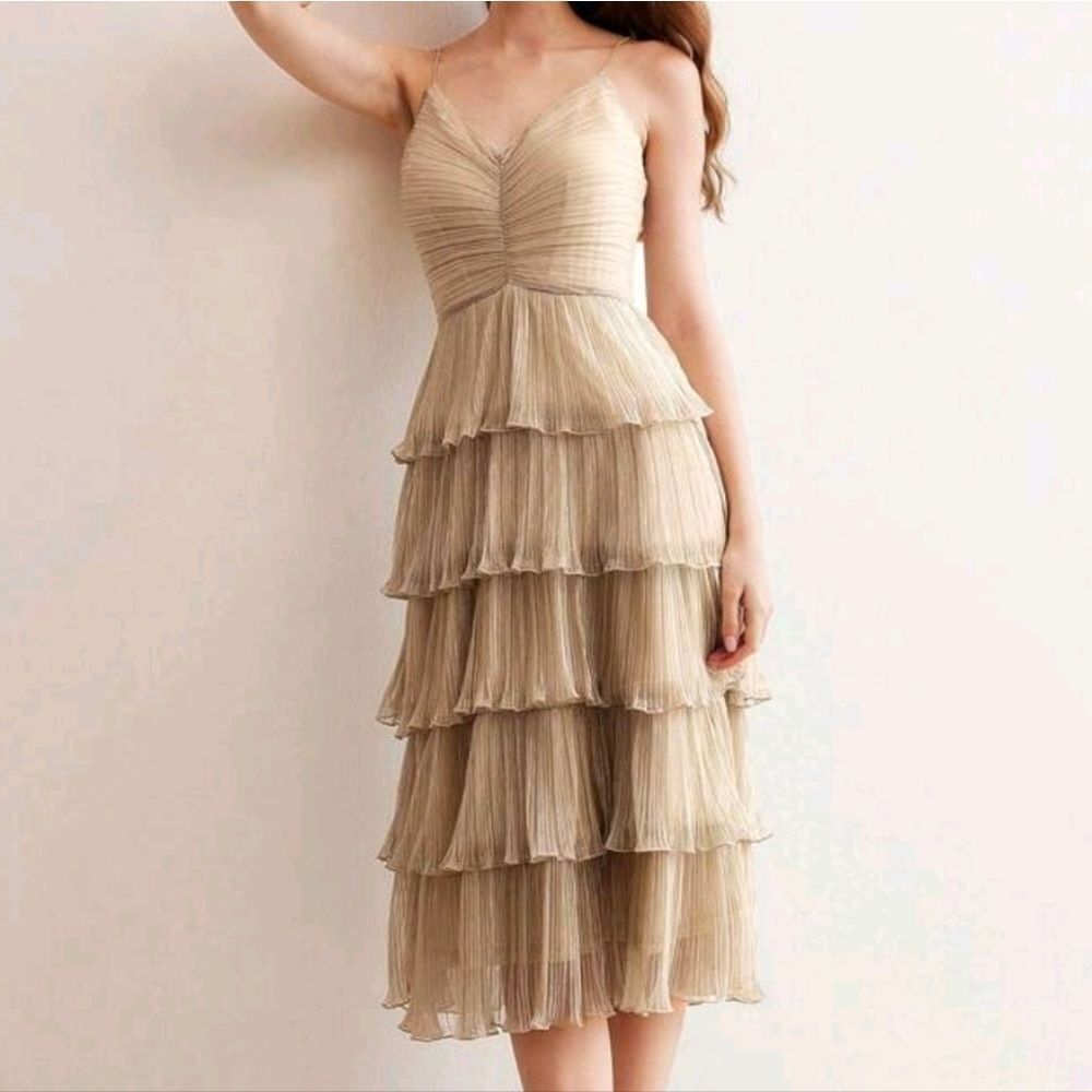 Romantic Tiered Metallic Ruffle Layers Sleeveless Party Dress sz 6